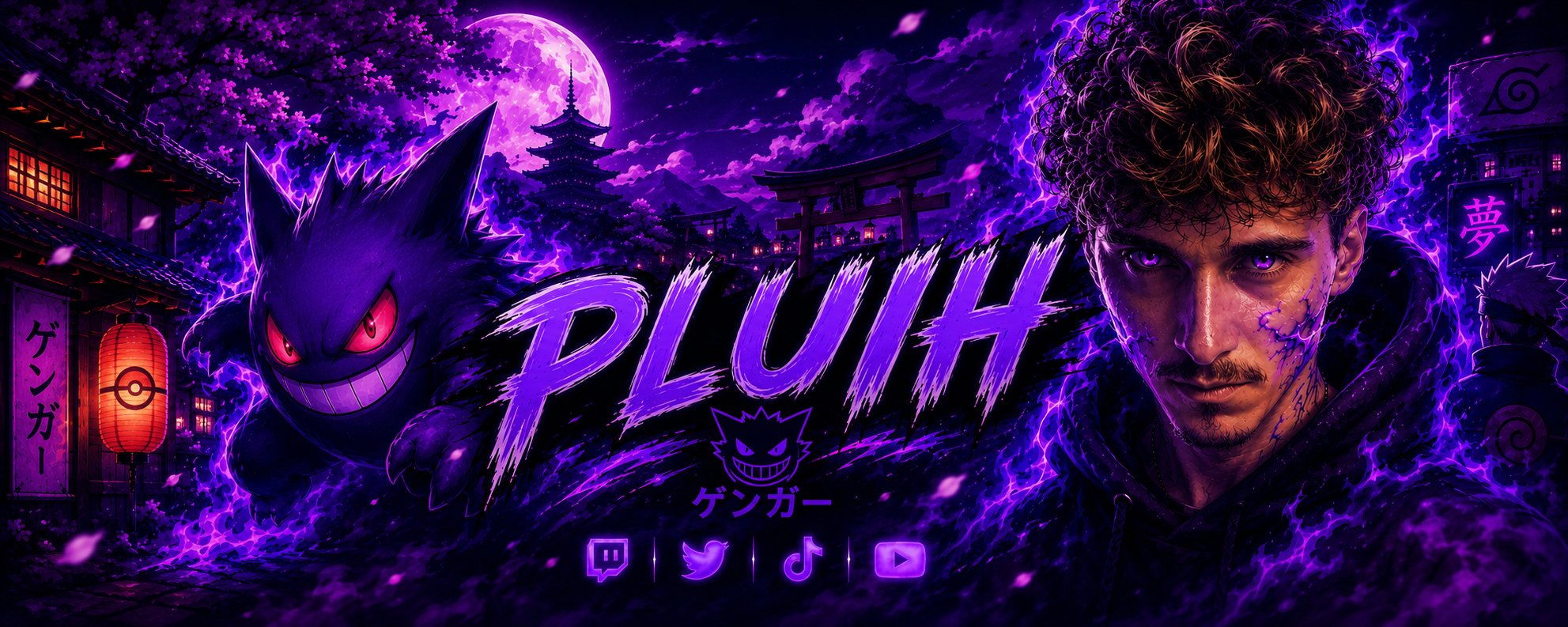PLUIH — Gengar et portrait au néon violet, sur fond de rue japonaise nocturne, avec les icônes Twitch, Twitter, TikTok et YouTube